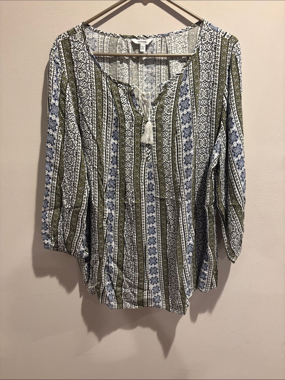 Sonoma Olive & Blue Striped Boho Tassel Tunic